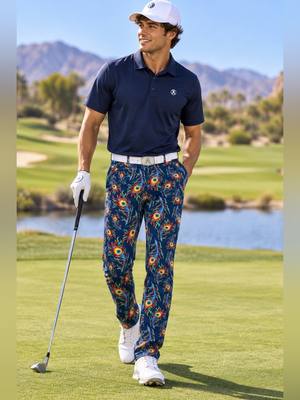 Royal & Awesome Bright Birdie Golf Pants Mens 34x30 Peacock Feather Stretch